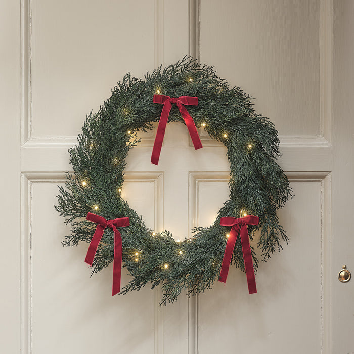 60cm Pre Lit Red Beribboned Christmas Outdoor Wreath