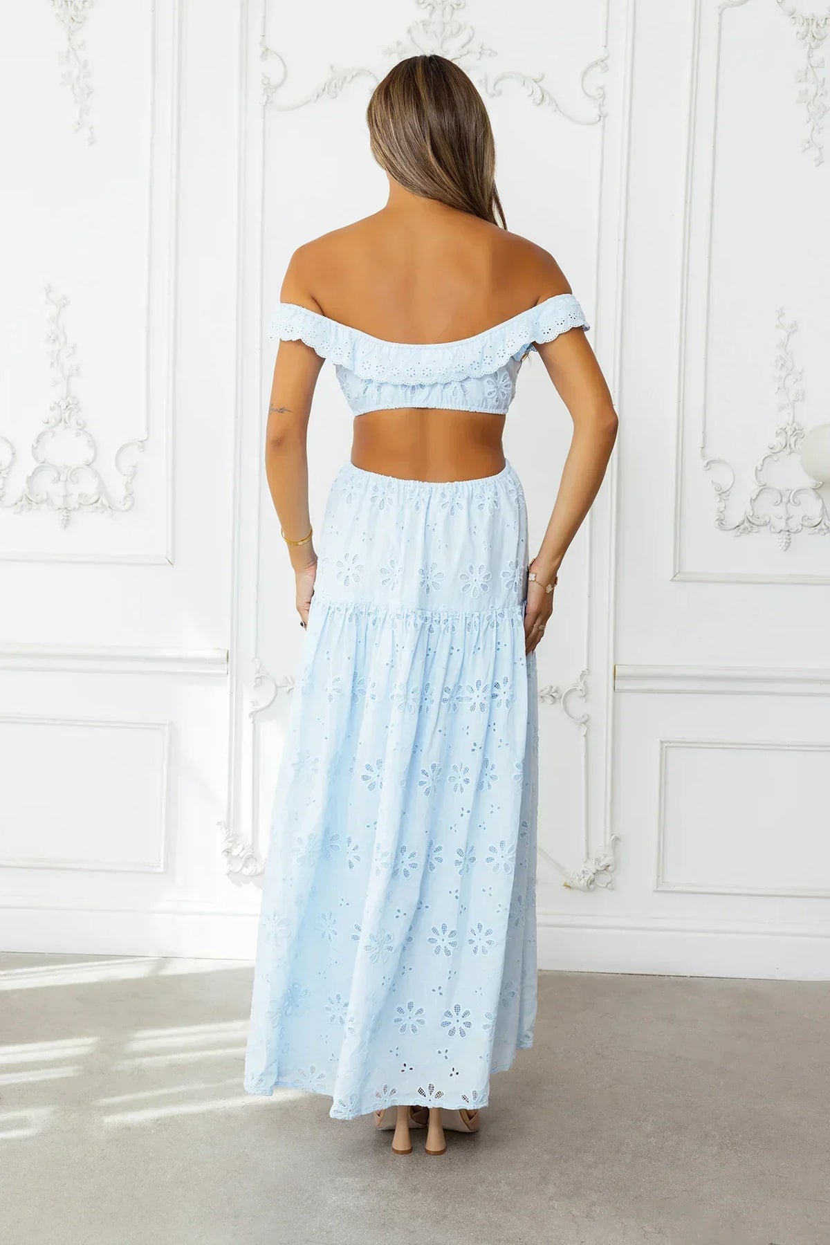 Secrets You Keep Off Shoulder Embroidered Maxi Dress