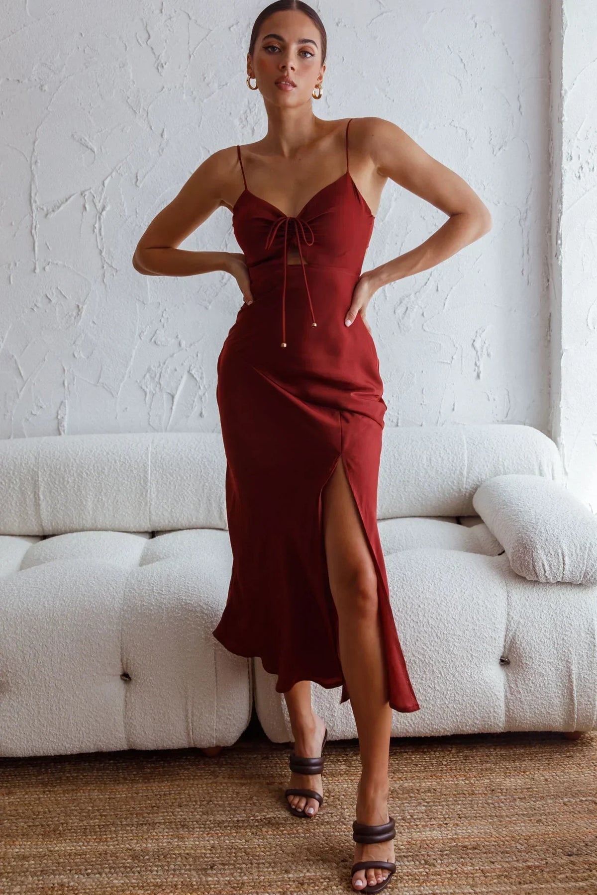 Fondest Memories Ruched Drawstring Bust Lace-Up Back Midi Dress Brown