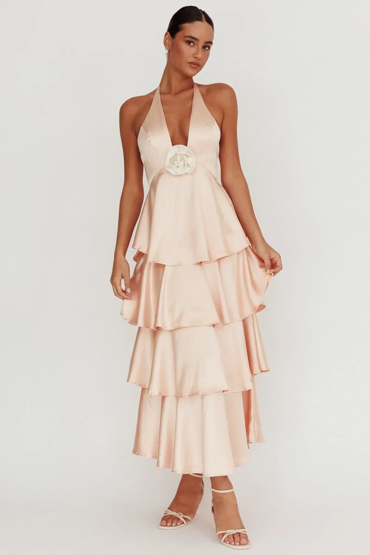 Catalina Tiered Ruffle Rosette Maxi Dress Peach