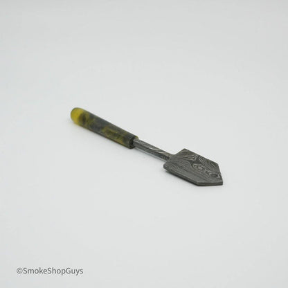 Elegant Dab Tool: 710 Dabbers Damascus Shovel, Premium Quality, Unique Steel Pattern, Precision Handling, Scooping Applying Concentrates, Durable High-Quality Material, Long-Lasting Performance, Ergonomic Grip, Comfortable Control, Portable Size, At-Home On-the-Go.