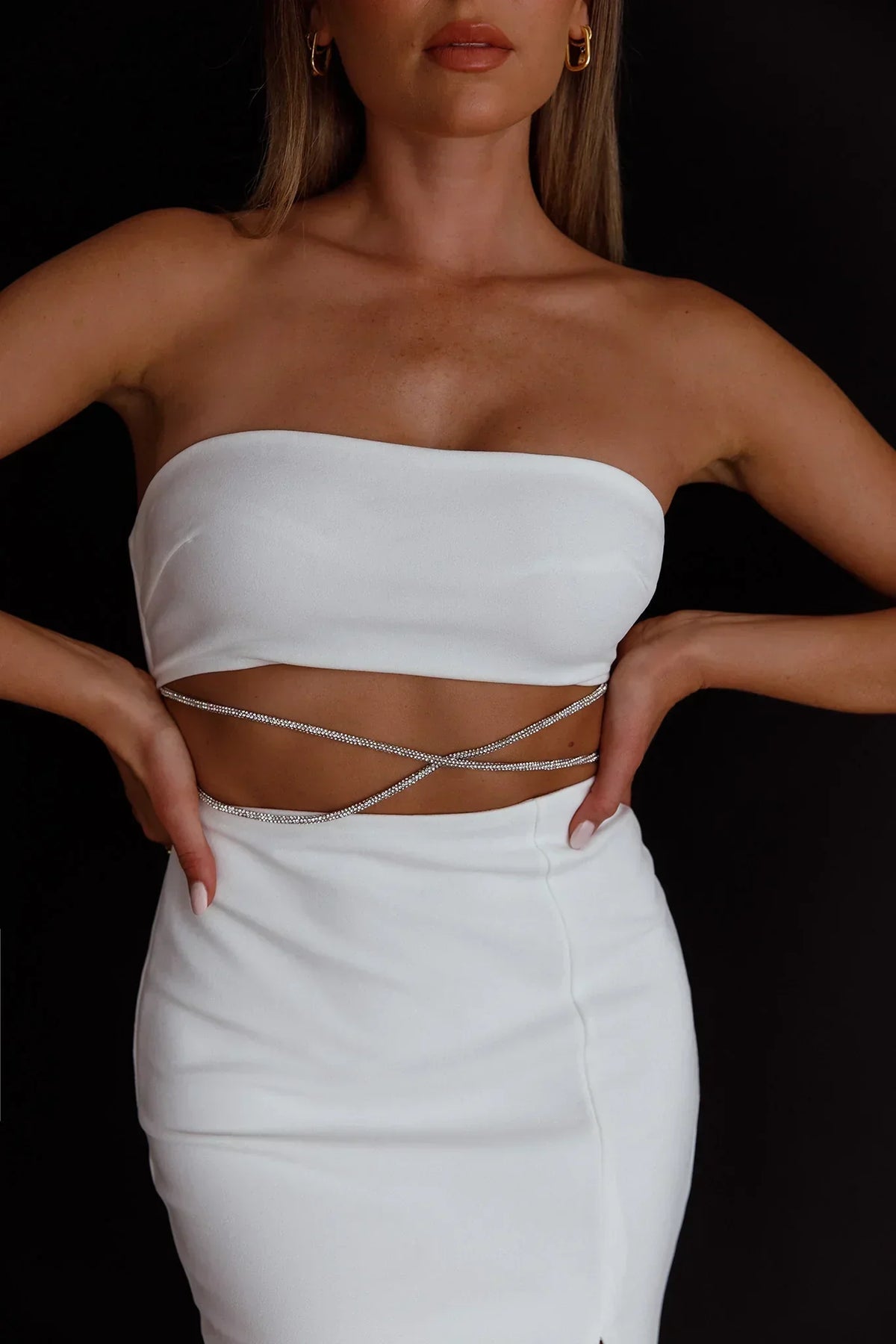 Nohemi Strapless Diamante Midi Dress White
