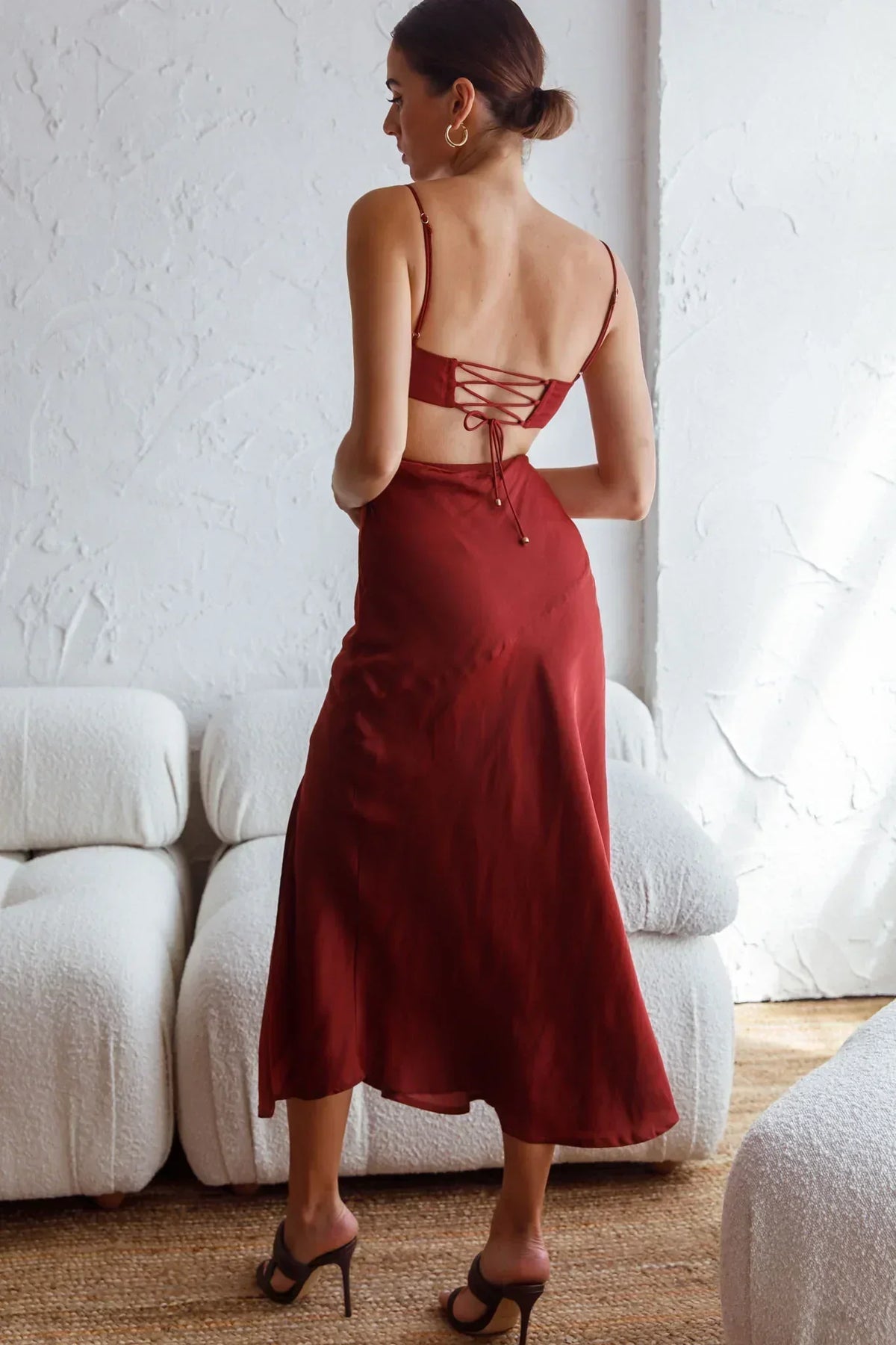 Fondest Memories Ruched Drawstring Bust Lace-Up Back Midi Dress Brown