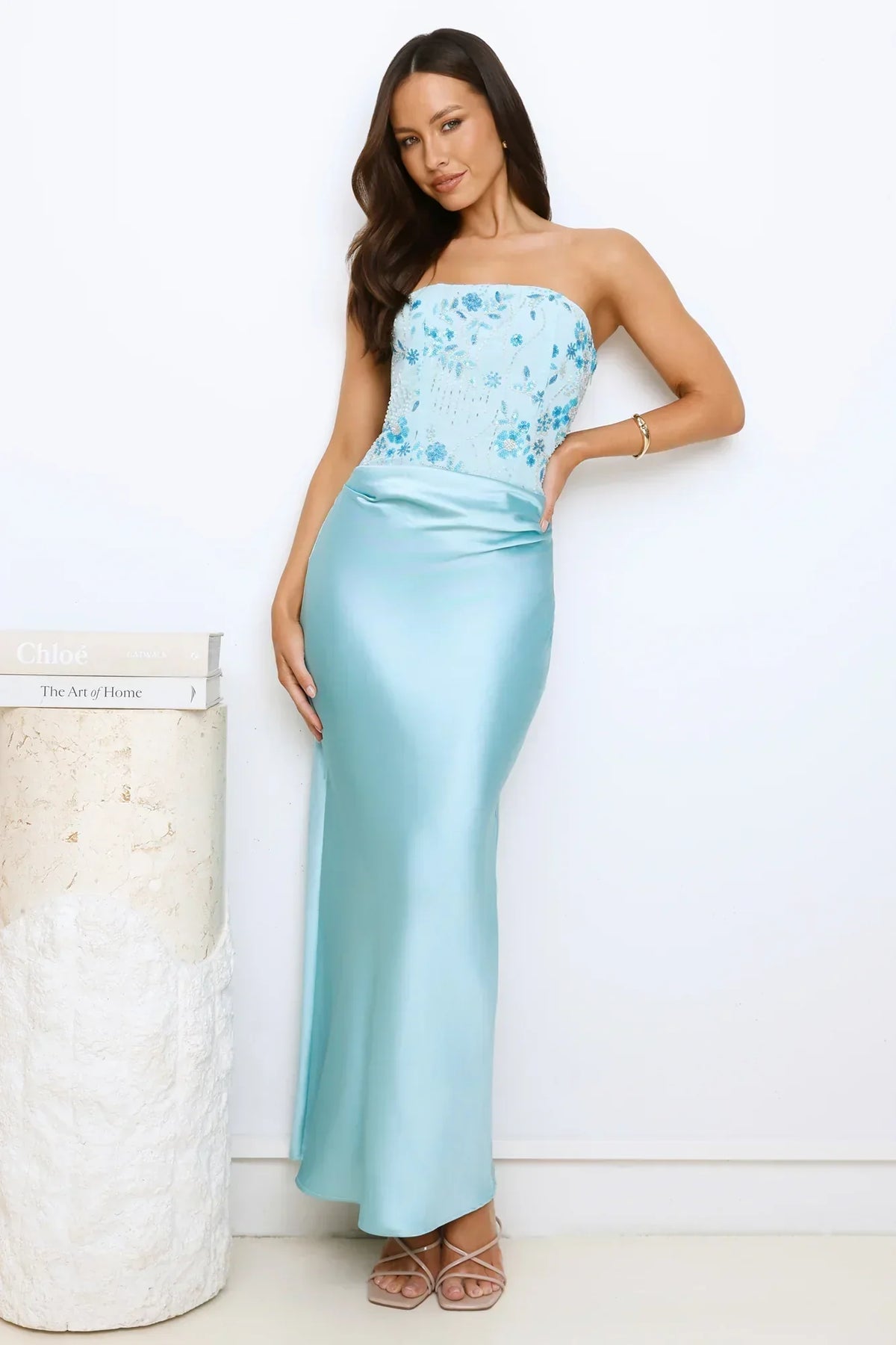 Dazzle On Demand Strapless Satin Maxi Dress