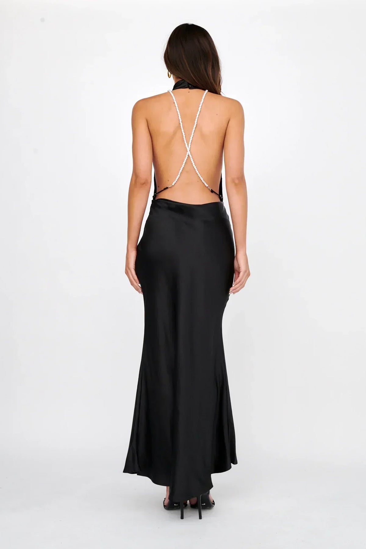 Italia Azure Halterneck Pearl Back Maxi Dress Black