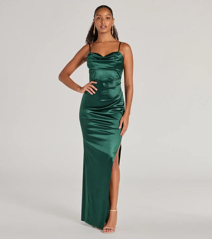 Iliana Cowl Neck High Slit Satin Column Dress