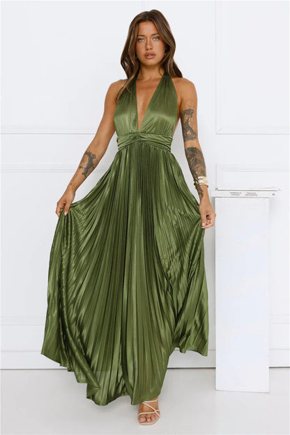 Shimmering Sea Pleated Halter Maxi Dress