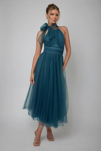 Andria Halterneck Tulle Midi Dress Teal