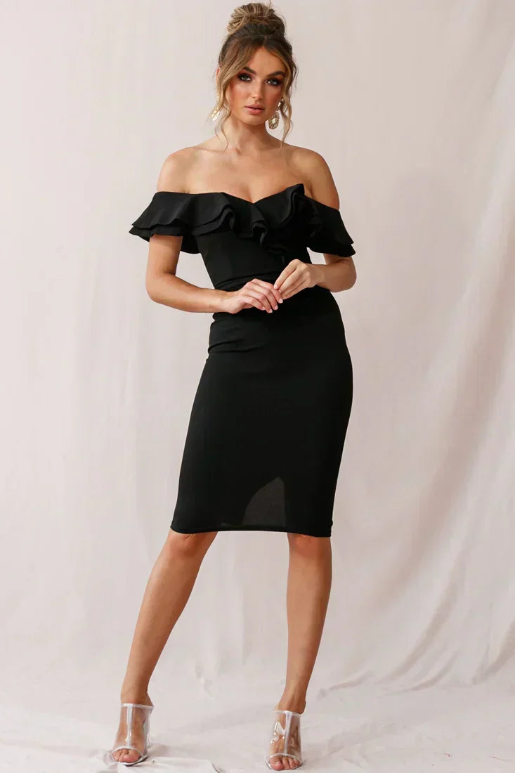 Rossi Ruffled Off The Shoulder Bodycon Dress Black