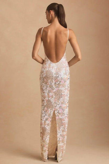 Embellished Scoop-Neck Backless Maxi Dress in Ivory