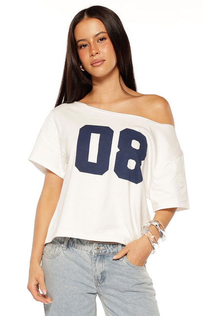 Amelie White Printed Off Shoulder Oversized Tee