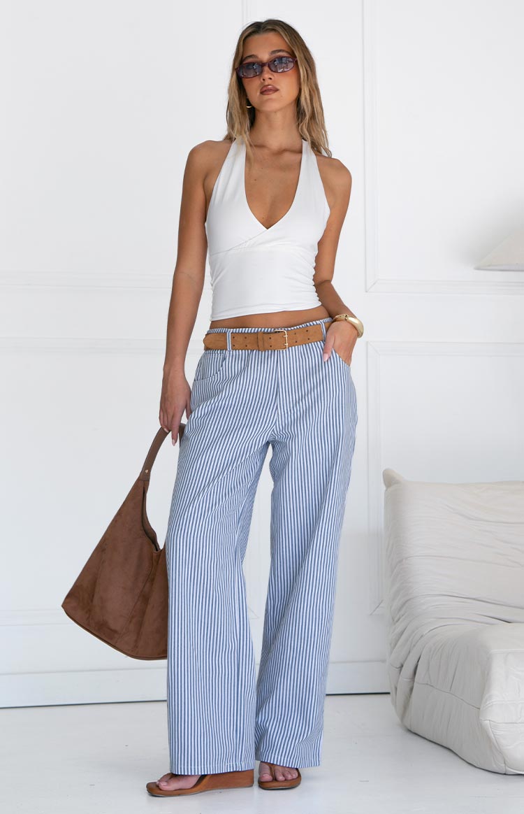 Amity Navy Stripe Mid Rise Straight Leg Jeans