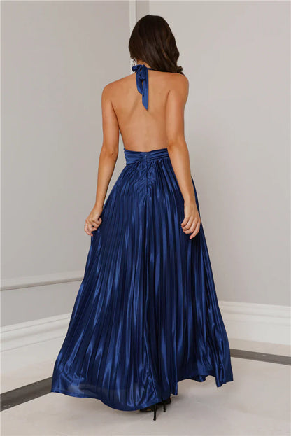 Shimmering Sea Pleated Halter Maxi Dress