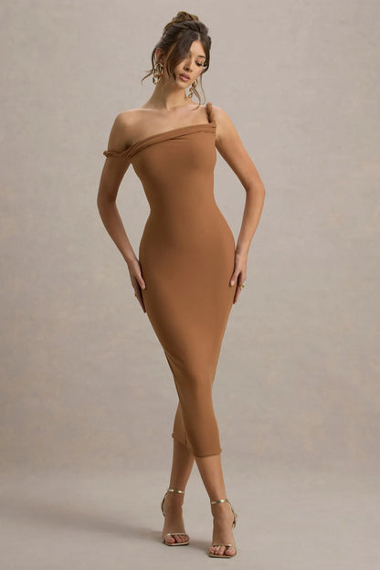 Salome | Brown Twisted Asymmetric Midi Dress