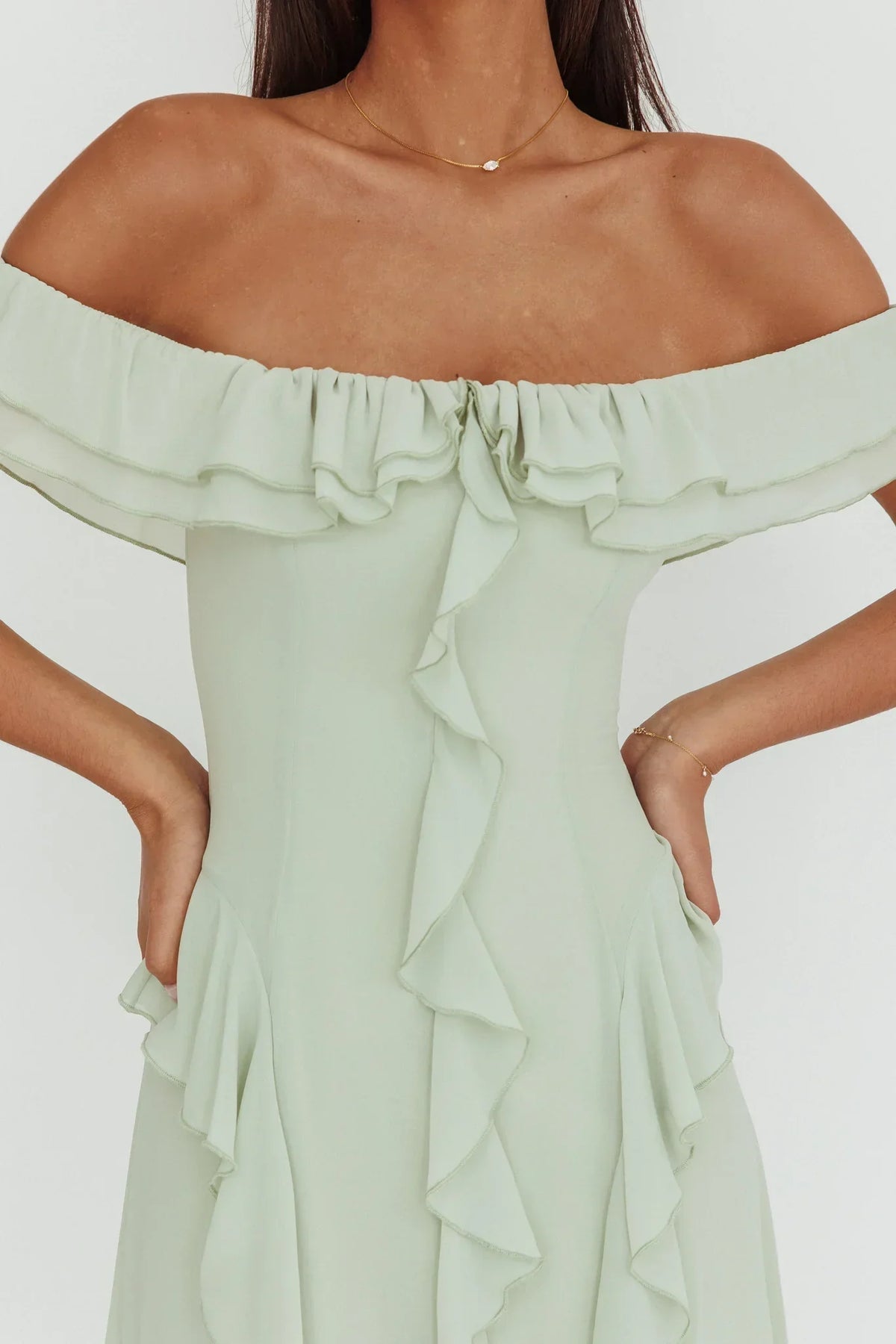 Scarlet Off-Shoulder Ruffle Trim Maxi Dress Sage