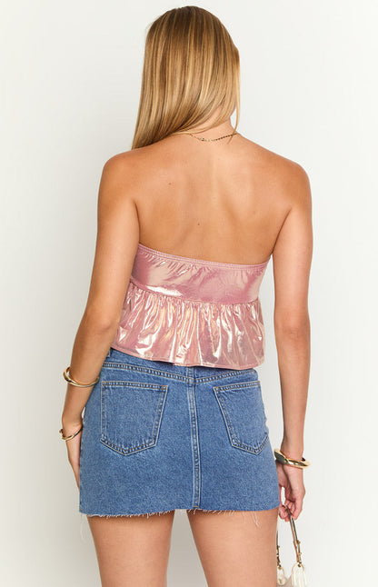 Barbara Pink Metallic Strapless Crop Top