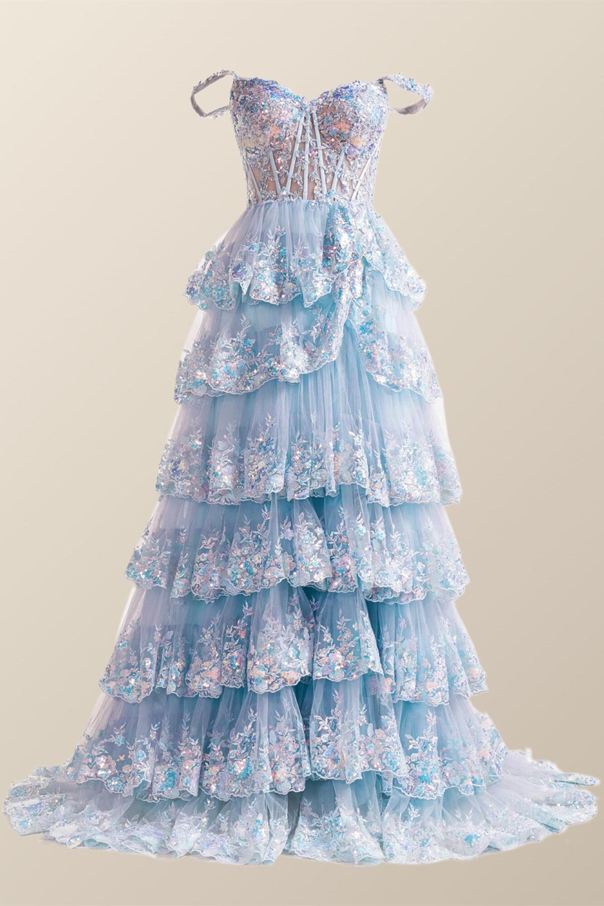Off the Shoulder Light Blue Sequin Ruffles Long Formal Dress