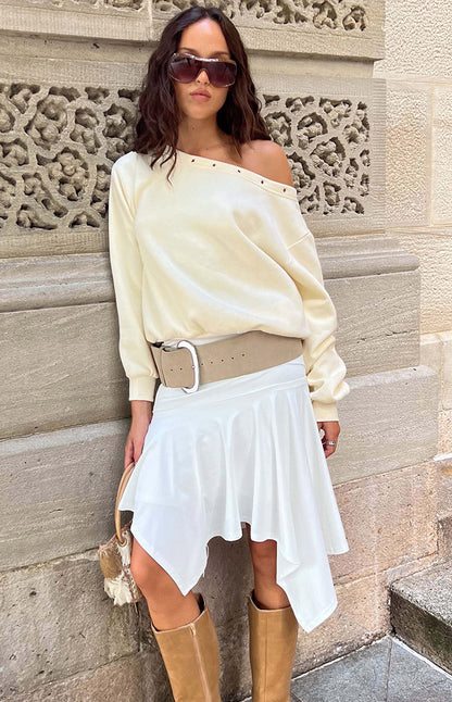 Brighton White Asymmetrical Midi Skirt