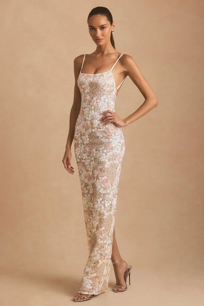 Embellished Scoop-Neck Backless Maxi Dress in Ivory