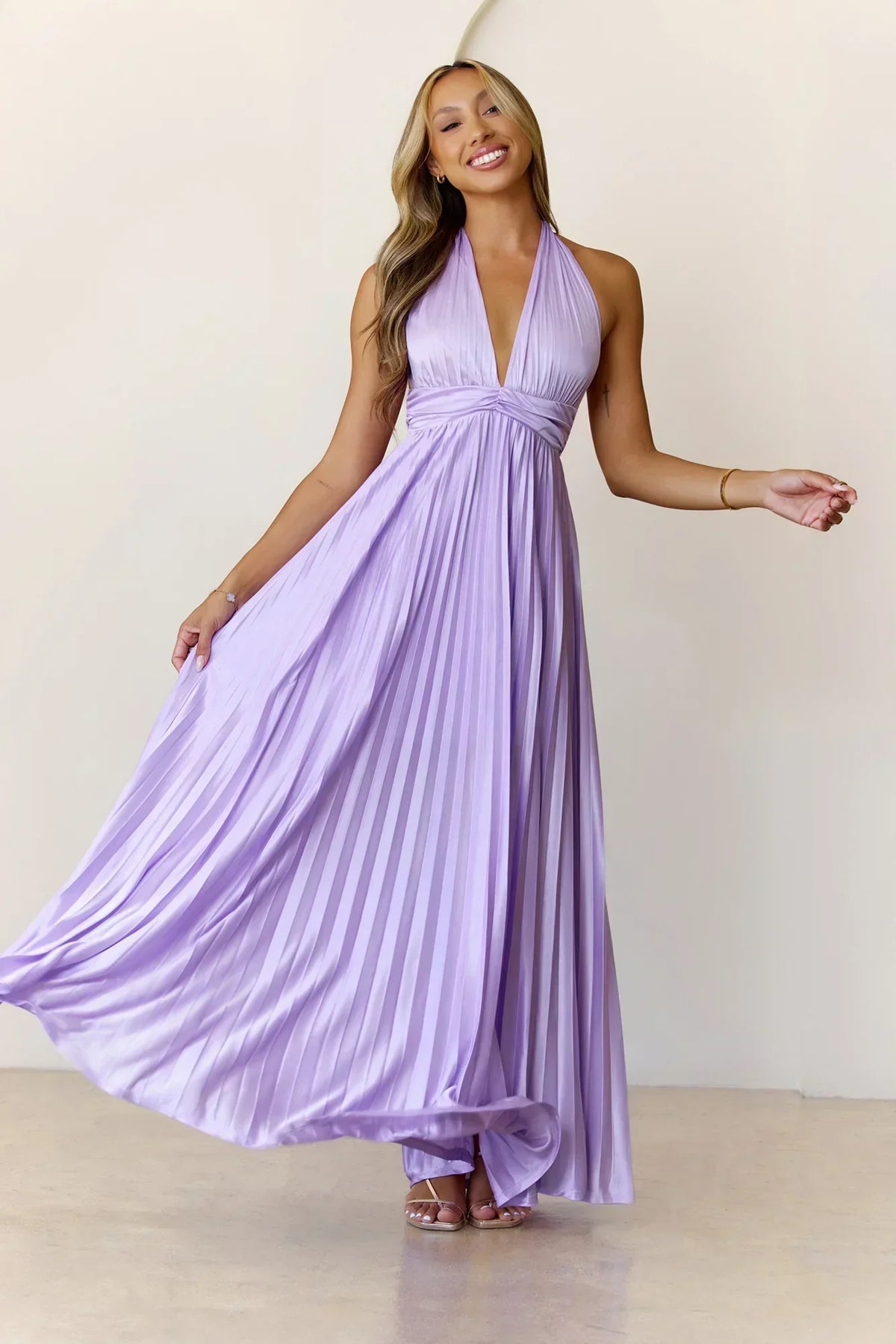 Shimmering Sea Pleated Halter Maxi Dress