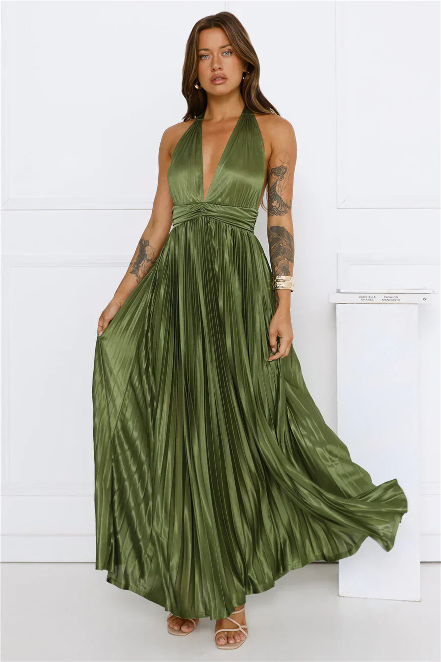 Shimmering Sea Pleated Halter Maxi Dress