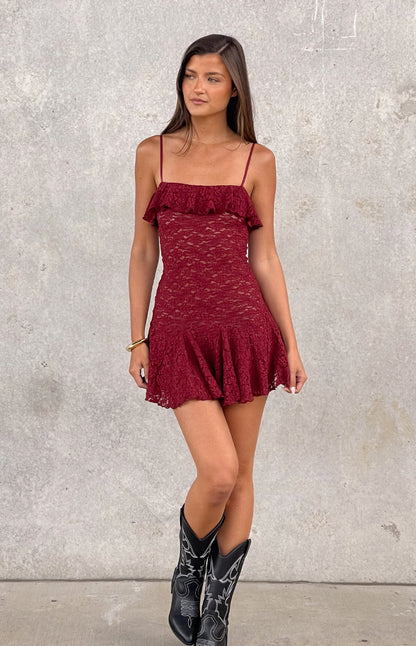 Celeste Wine Lace Party Mini Dress