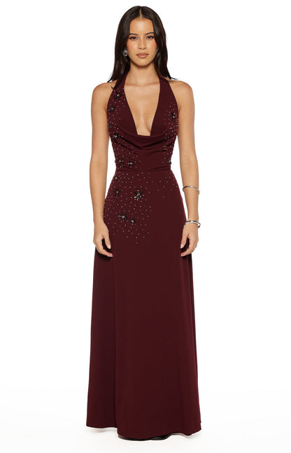 Corey Burgundy Beaded Crepe Maxi Dress