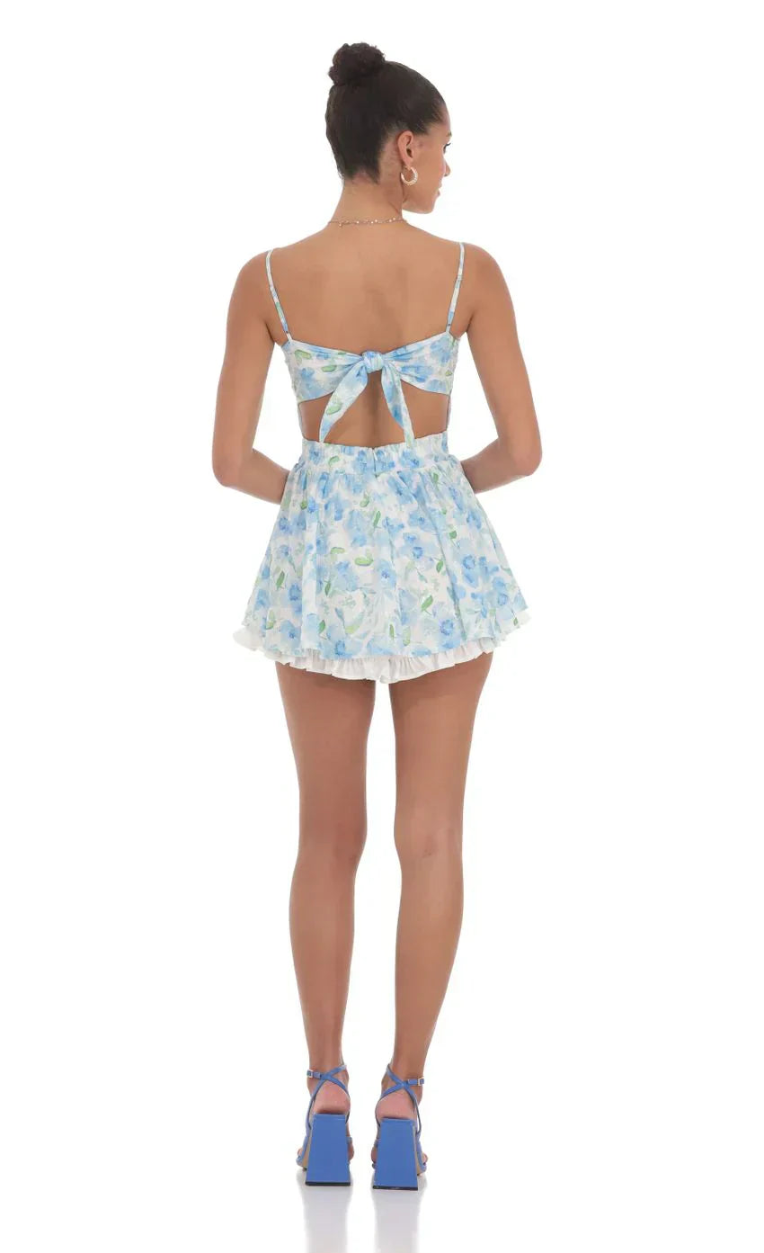 Blue Floral Ruffle Romper in White