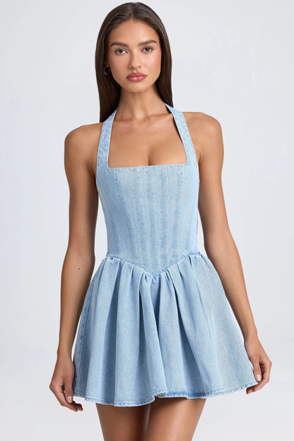 Halterneck Corset Micro Mini Dress in Light Blue Stonewash