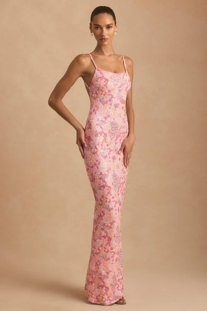 Embellished Scoop-Neck Backless Maxi Dress in Pink