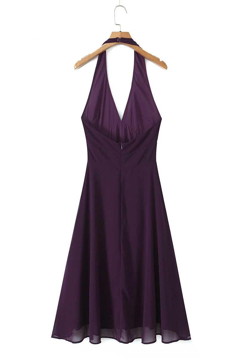 Halter V-neck Purple Long Dress