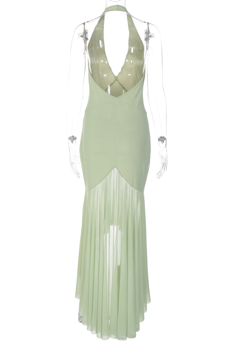 Halter Plunge Sage Fitted Maxi Dress