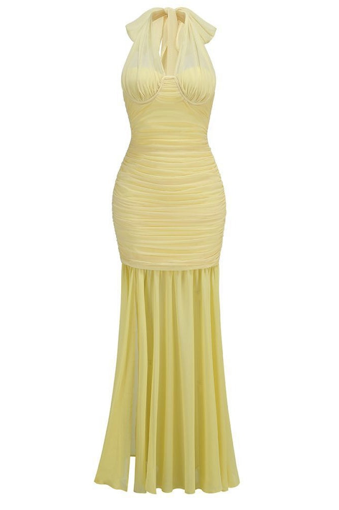 Halter Yellow Mesh Mermaid Dress