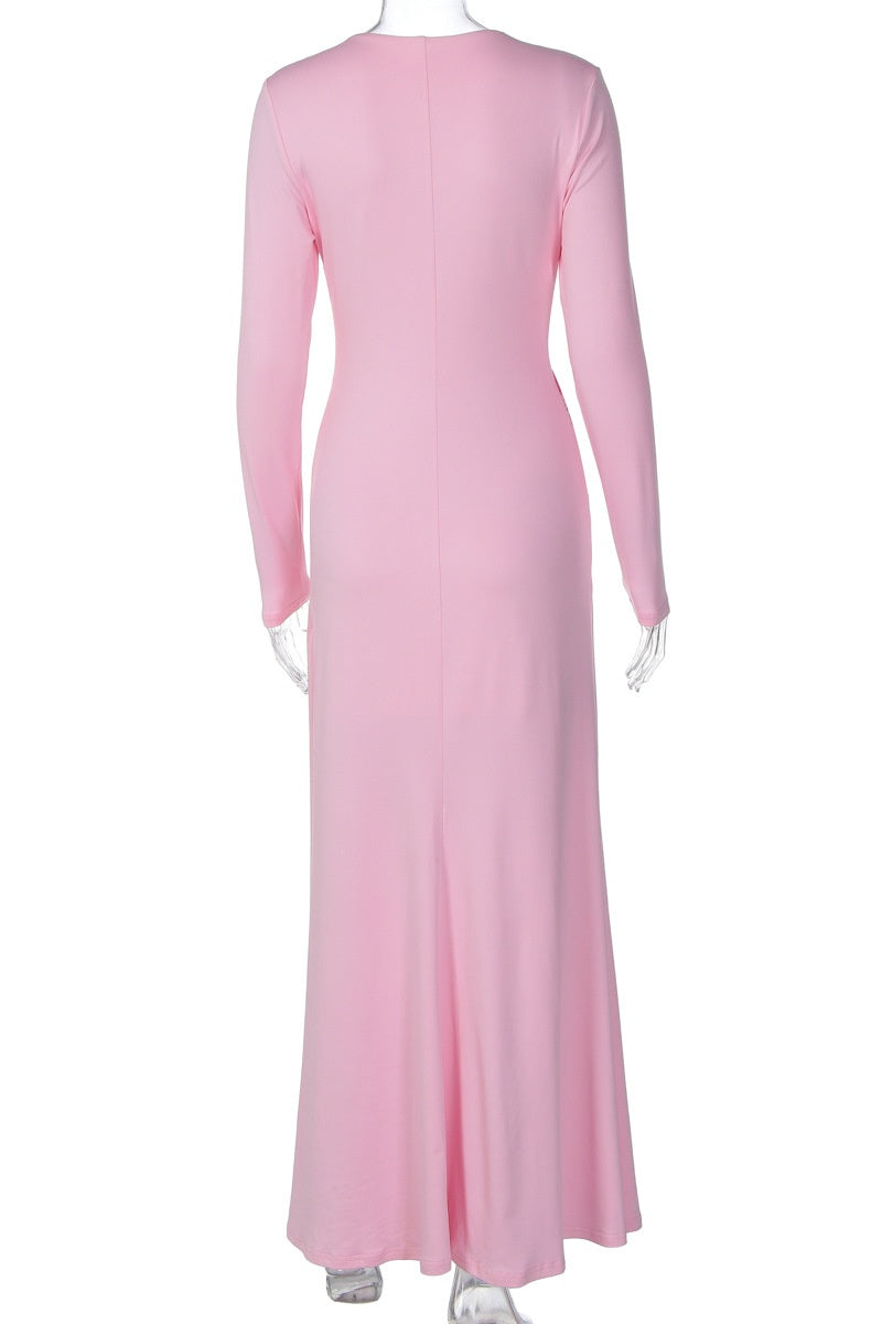 Long Sleeves Pink Ruched Long Dress