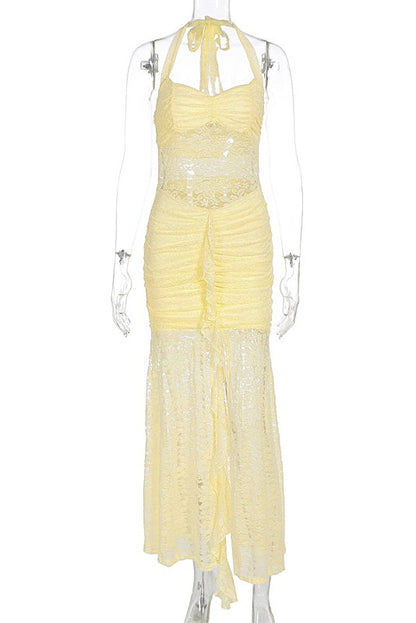 Light Blue Lace Halter Fitted Long Dress