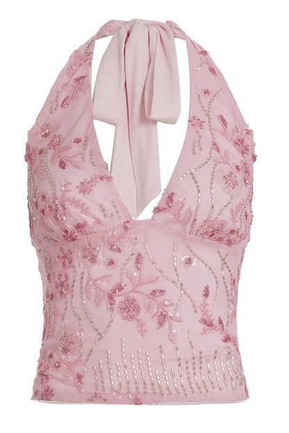 Halter Pink Beaded Fitted Top