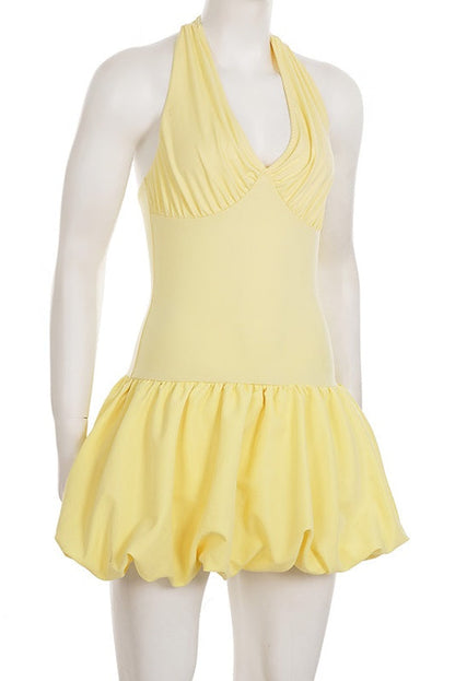 Halter Yellow A-line Short Bubble Dress