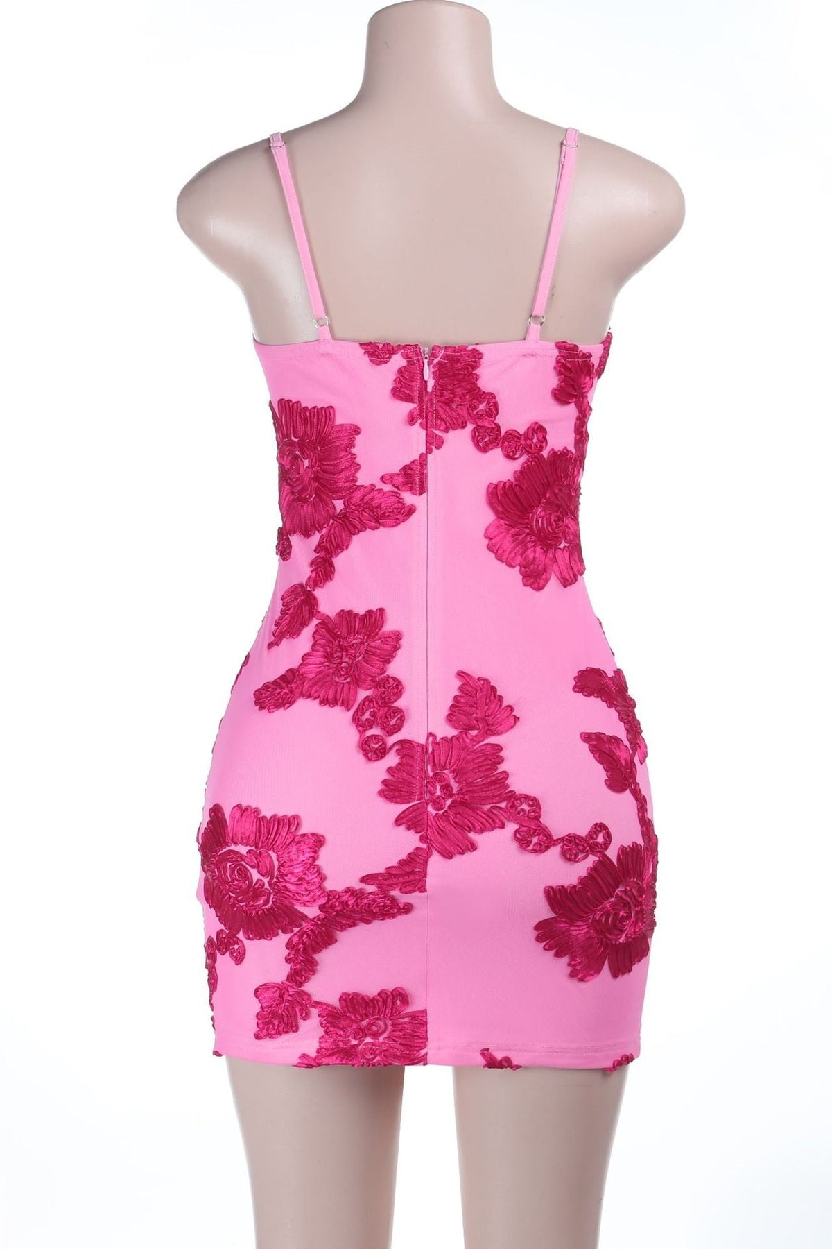 Hot Pink Jacquard Floral Fitted Short Dress