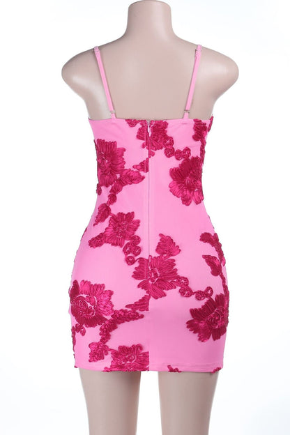 Hot Pink Jacquard Floral Fitted Short Dress
