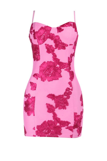 Hot Pink Jacquard Floral Fitted Short Dress