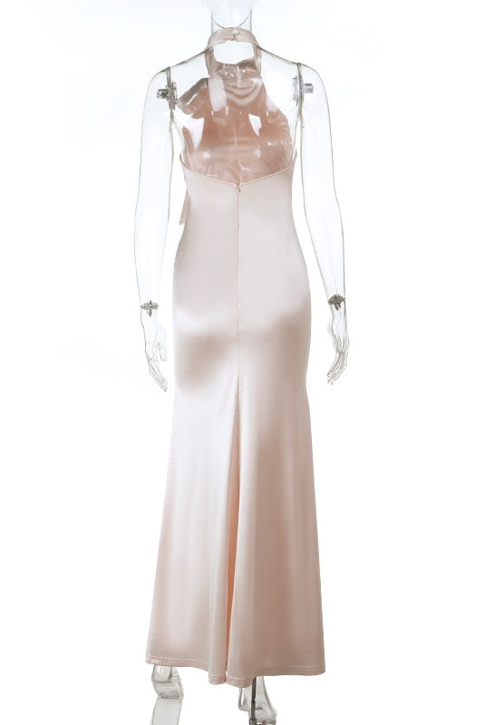 High Neck Apricot Halter Fitted Long Dress