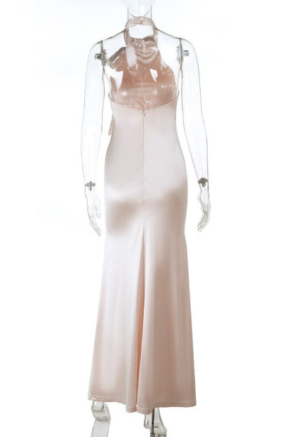High Neck Apricot Halter Fitted Long Dress