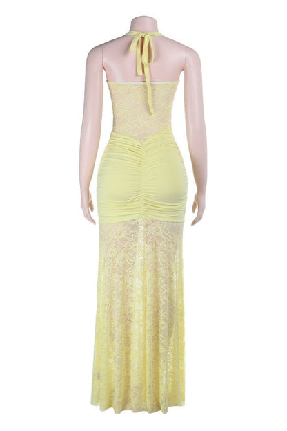 Halter Yellow Lace Sheer Fitted Long Dress