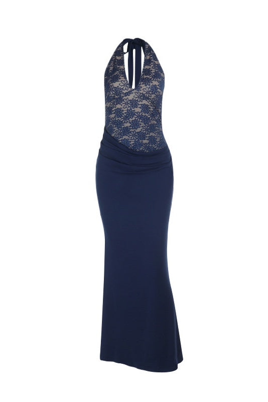 Navy Blue Halter Lace Fitted Long Dress