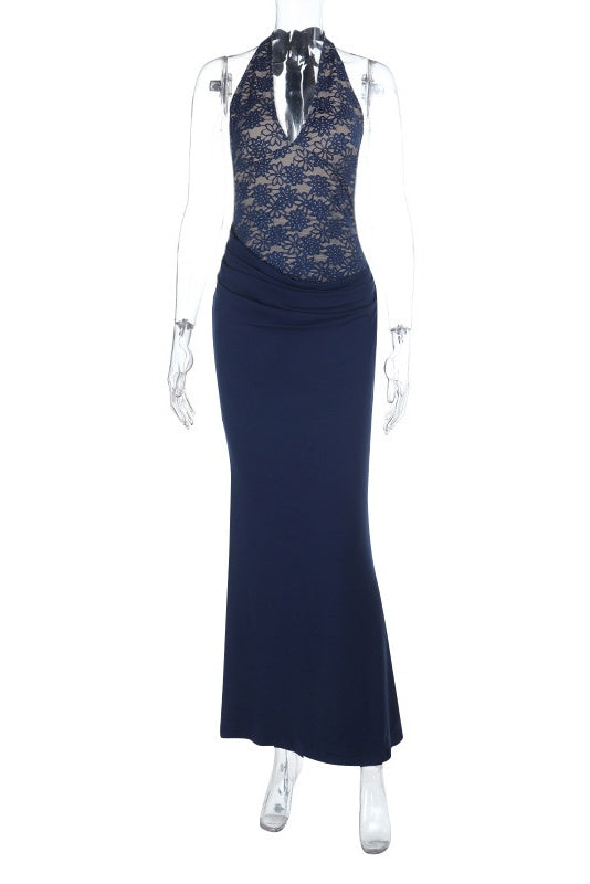 Navy Blue Halter Lace Fitted Long Dress