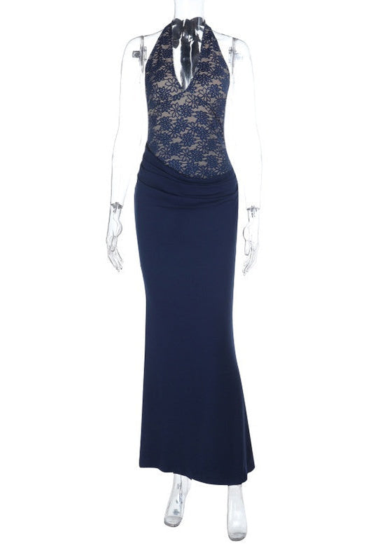 Navy Blue Halter Lace Fitted Long Dress