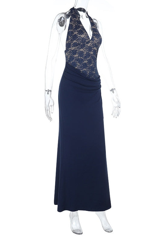 Navy Blue Halter Lace Fitted Long Dress