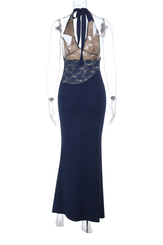 Navy Blue Halter Lace Fitted Long Dress
