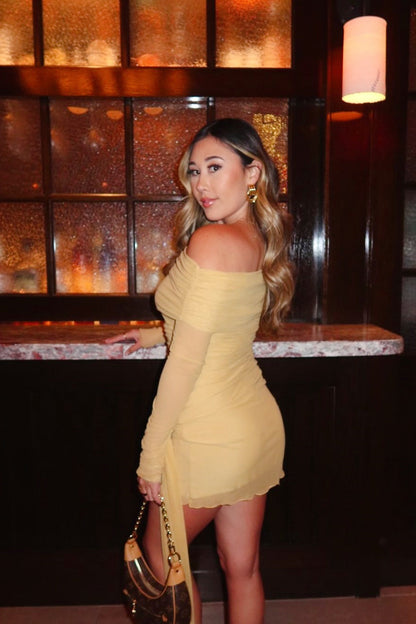 Long Sleeves Yellow Ruched Tight Short Dress