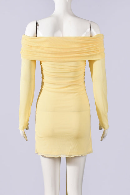 Long Sleeves Yellow Ruched Tight Short Dress
